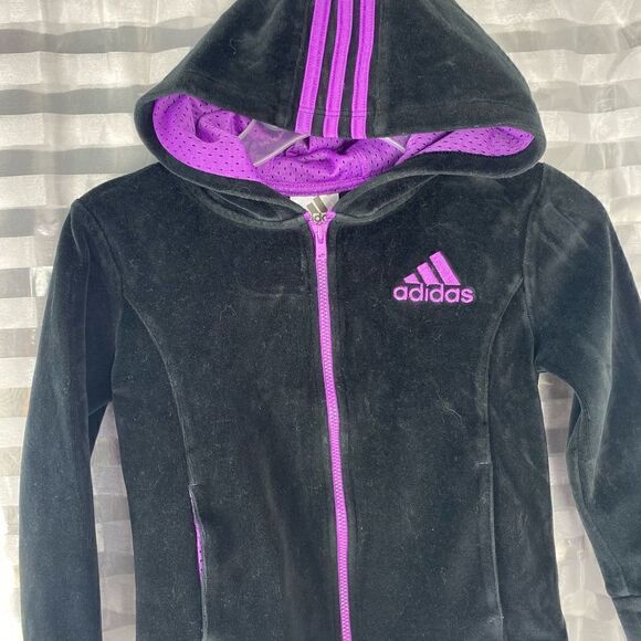 Adidas Black/Purple Velour Zip Up Hooded Jacket - Picture 1 of 6